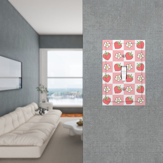 Retro Strawberry & Daisy Cottagecore Whimsy Aesthetic Red, Pink & White Single Toggle Light Switch Cover (1-Gang Wall Plate)