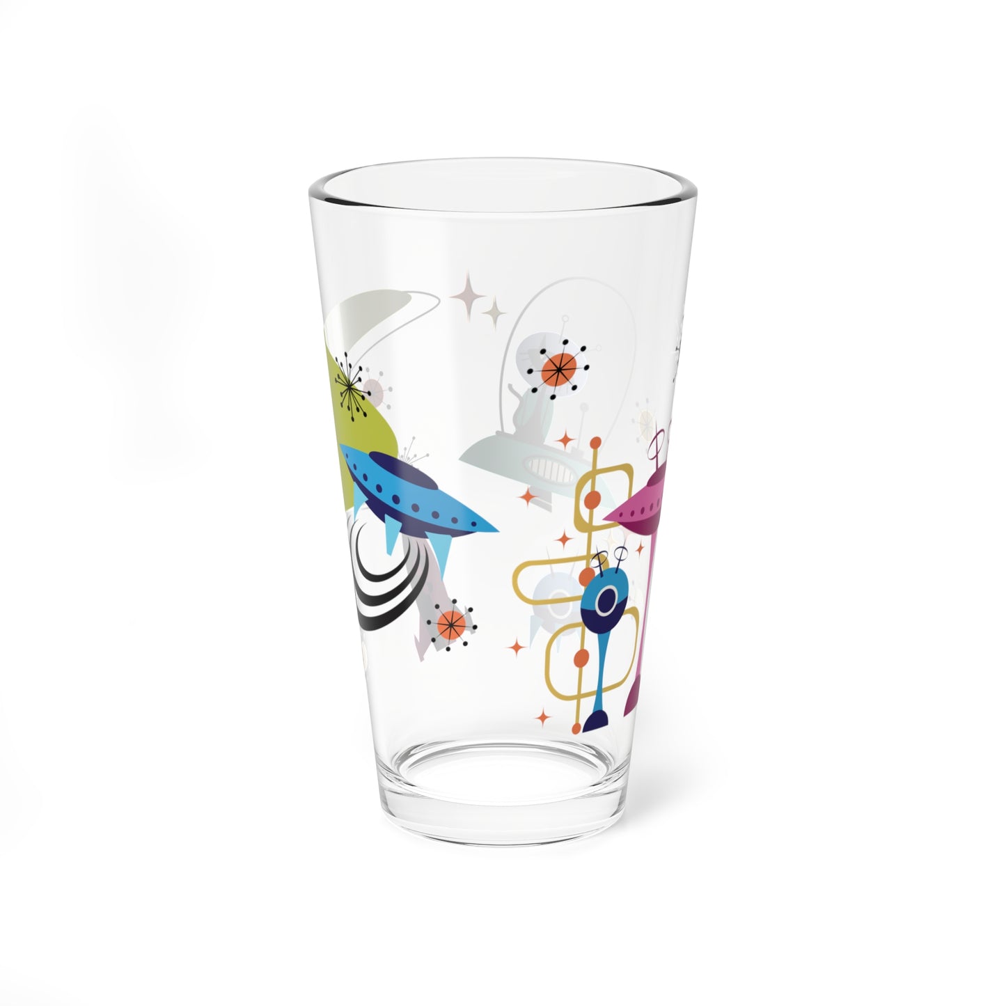 Retro 50s Space Age Atomic Black Cat, Boomerang & Spaceship MCM Multicolor Pint Glass