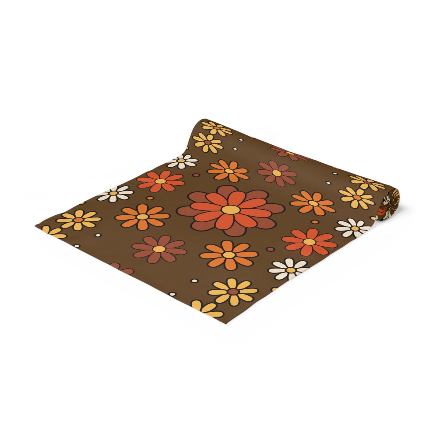 Retro 60s 70s Groovy Mod Daisy, Floral Mid Century Brown & Orange Table Runner