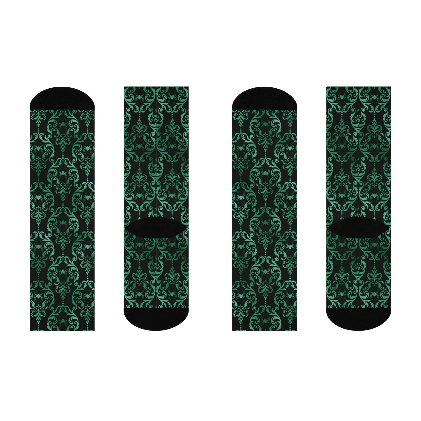 Dark Academia Damask Spider, Victorian Goth Inspired Green & Black Glam Goth Cushioned Crew Socks