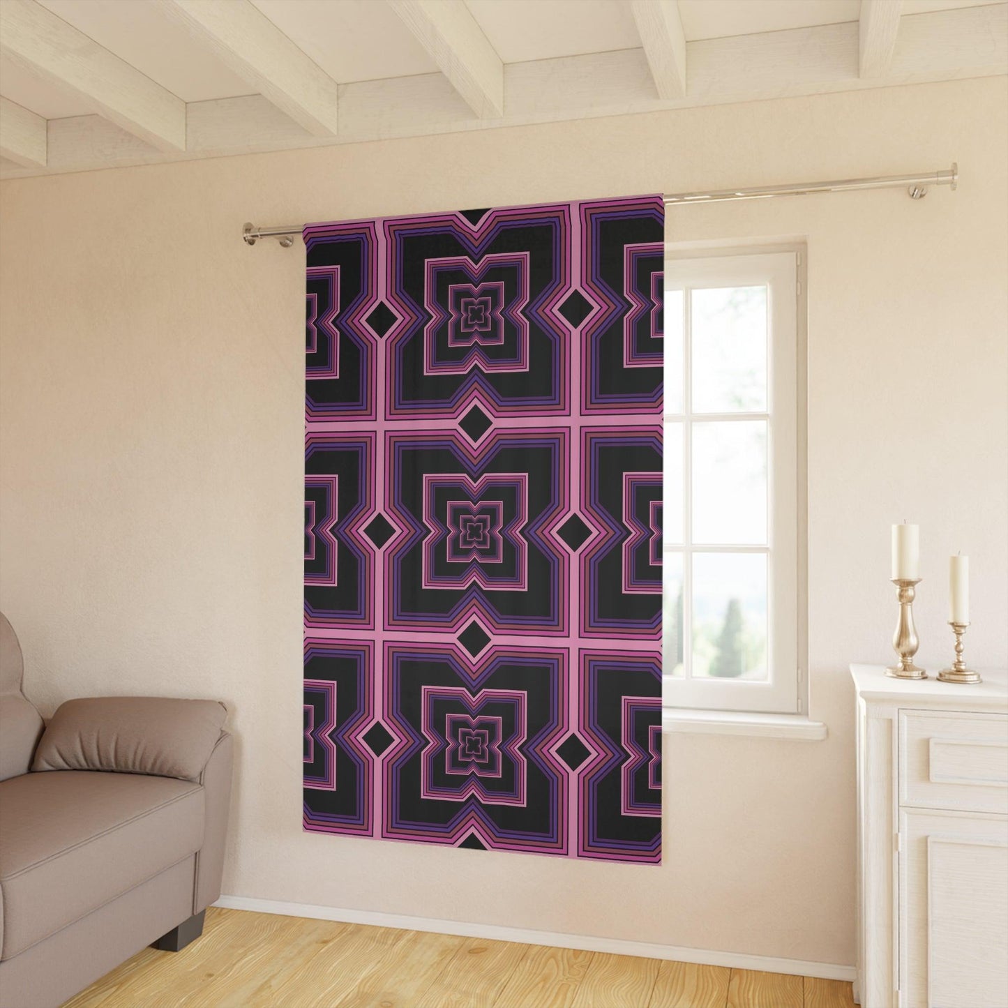 Retro Futuristic 80s 90s Vaporwave Pink, Black & Purple Blackout Window Curtain Panel | lovevisionkarma.com