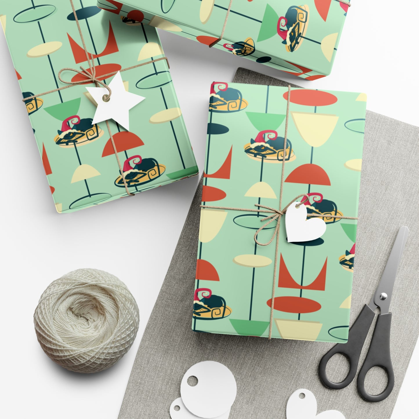 Retro 50's Atomic Cat Christmas Kitschy Mid Century Modern Green Eco-Friendly Wrapping Paper