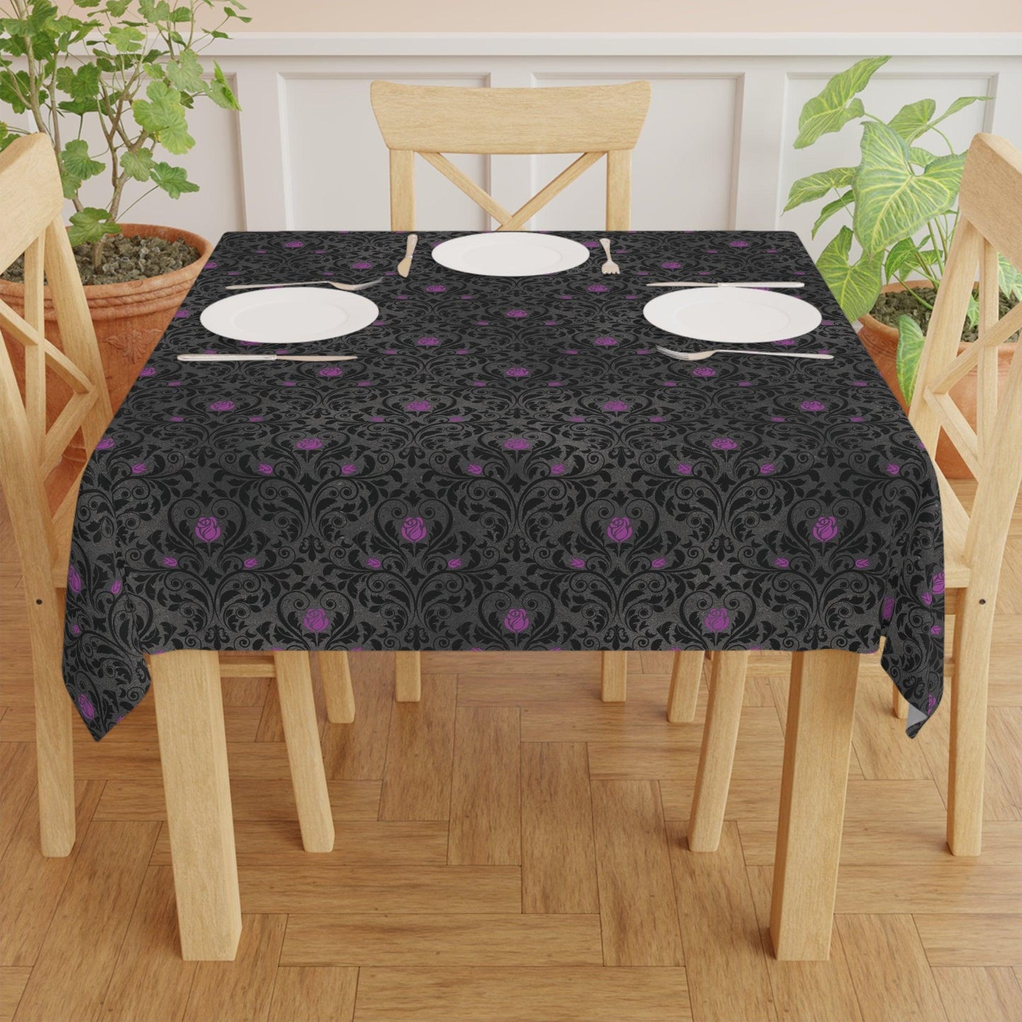 Victorian Goth Damask Purple and Black Halloween Tablecloth | lovevisionkarma.com