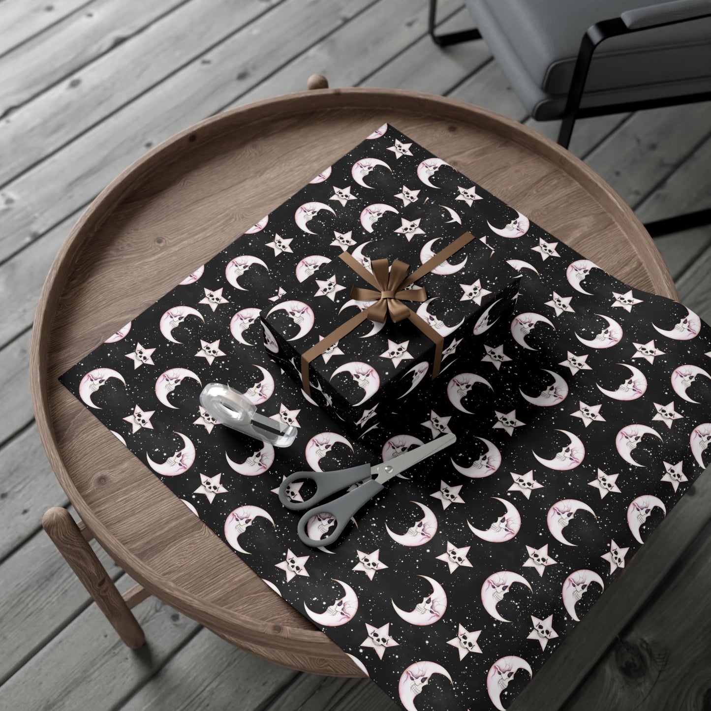 Goth Christmas Celestial Moon & Stars, Whimsical Kawaii Creepmas Black Eco-Friendly Gift Wrap