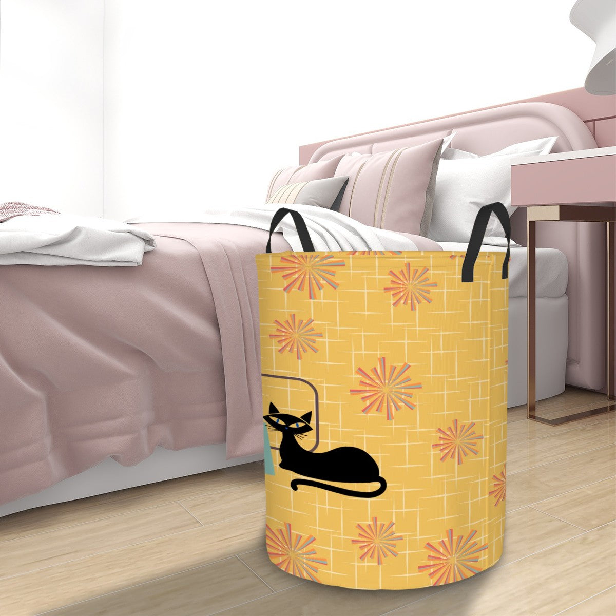 Retro 50s Atomic Cat & Starbursts Yellow Mid Century Mod Round Laundry Hamper