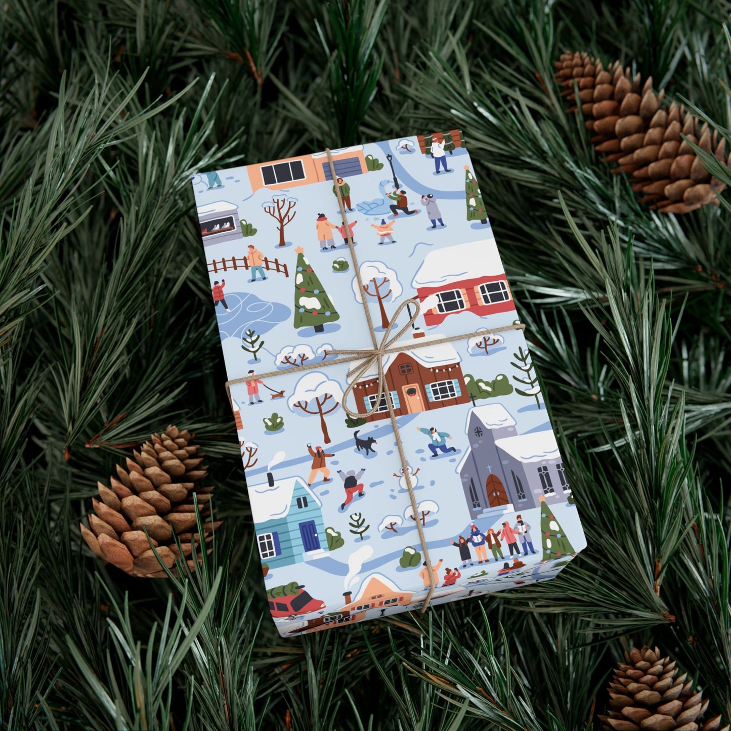 Small Town Christmas Village, Retro Vintage Winter Scene, Multicolor Eco-Friendly Gift Wrap
