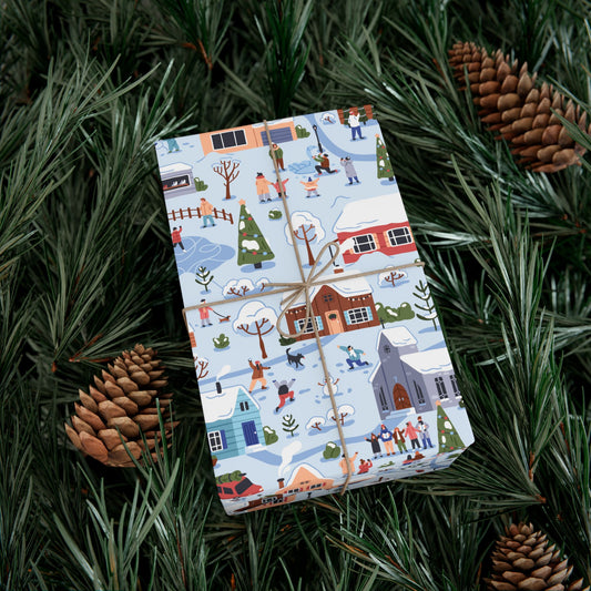 Small Town Christmas Village, Retro Vintage Winter Scene, Multicolor Eco-Friendly Gift Wrap
