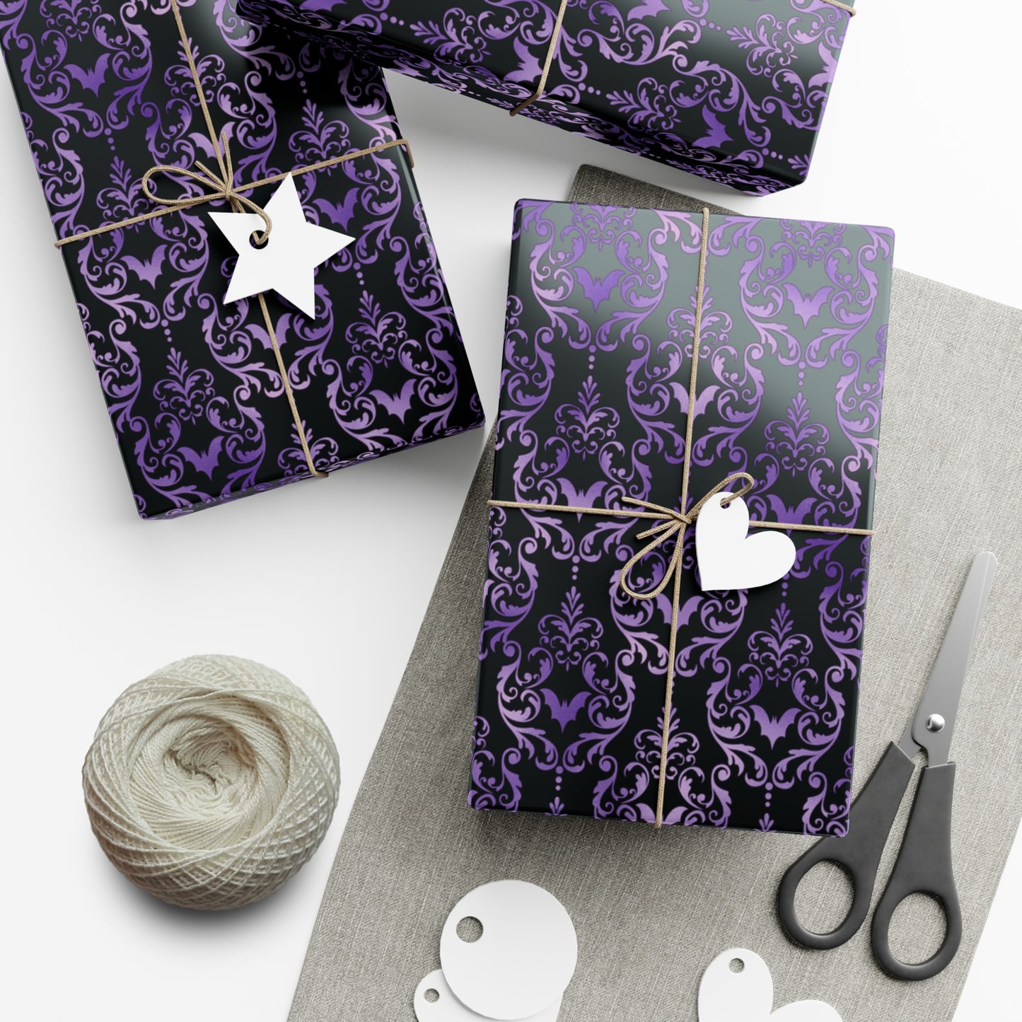 Purple Damask Bats, Victorian Goth Inspired, Dark Academia Goth Christmas & Creepmas Glam Goth Black Gift Wrap Paper