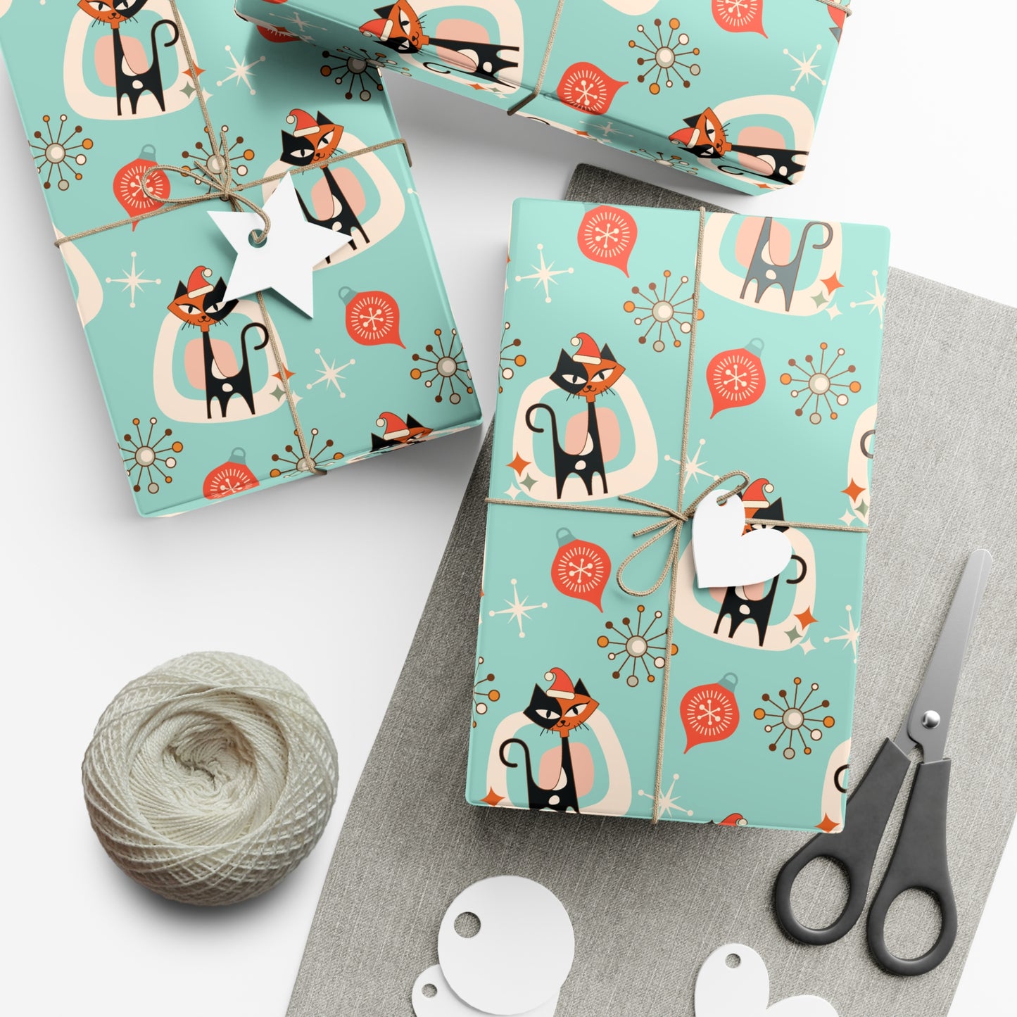 Retro 50's Atomic Cat & Starbursts Kitschy Christmas Mid Century Modern Blue Eco-Friendly Wrapping Paper