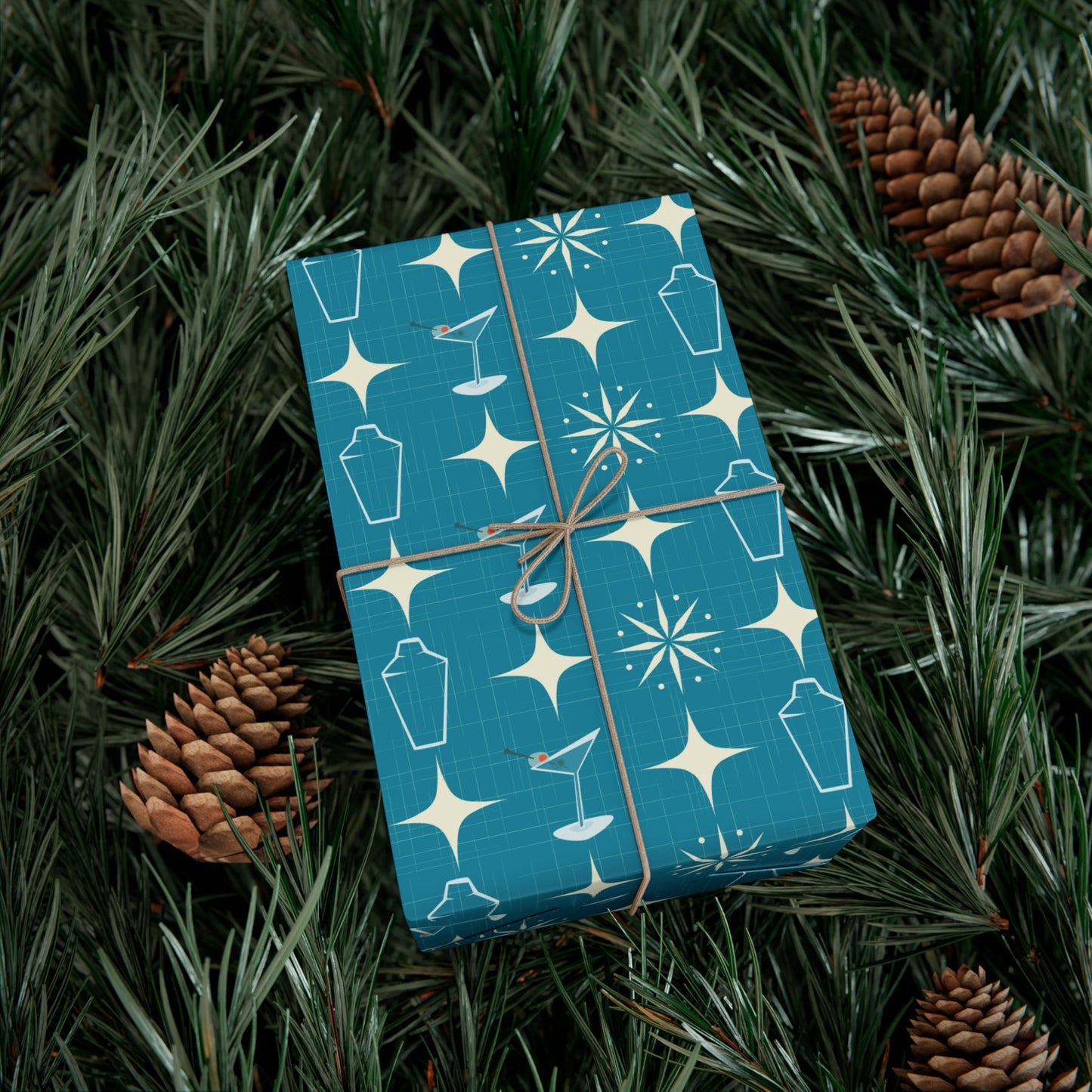 Retro 50's Atomic Starburst & Martinis Mid Century Mod Blue Eco-Friendly Gift Wrap