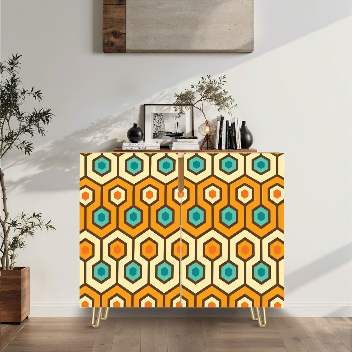 Retro 60s 70s Geometric Hexagon Mid Century Mod Orange & Teal Sideboard, Credenza, Wooden Storage Cabinet