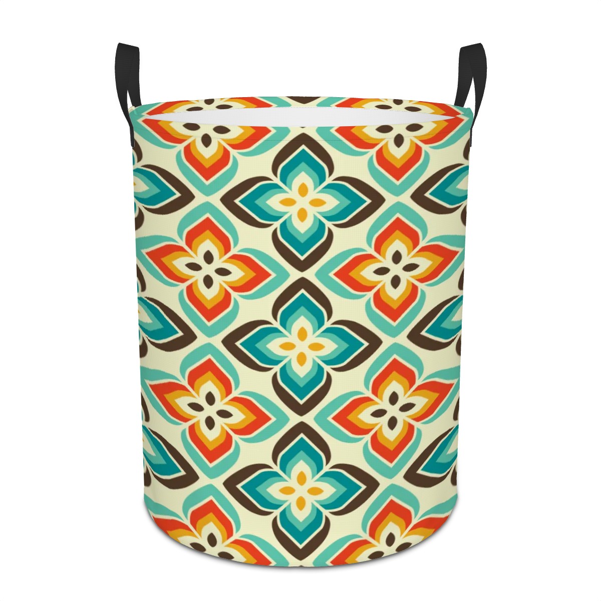 A cylindrical fabric laundry hamper with black top handles, featuring a colorful retro geometric floral pattern on a cream background.