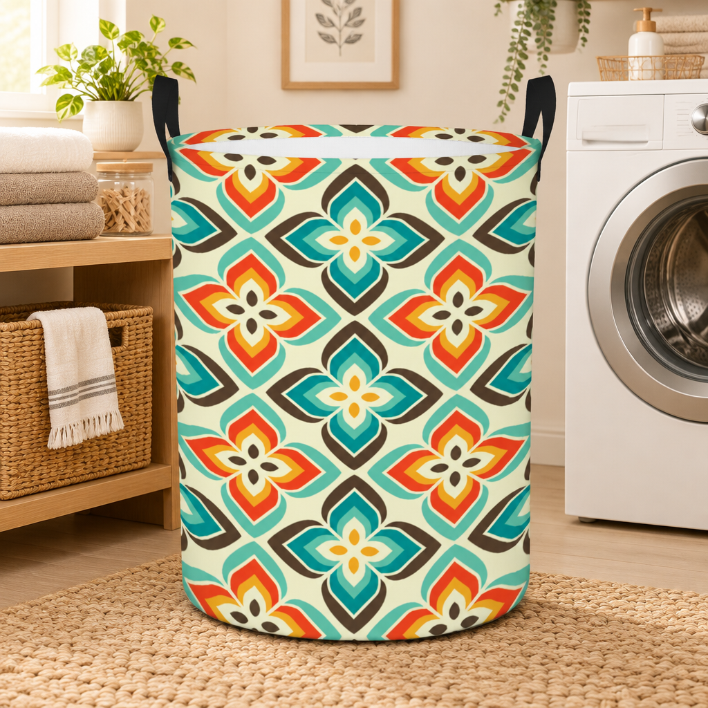 Retro 50s 60s Flowers Mid Century Mod Vintage Inspired Orange & Blue Round Laundry Hamper