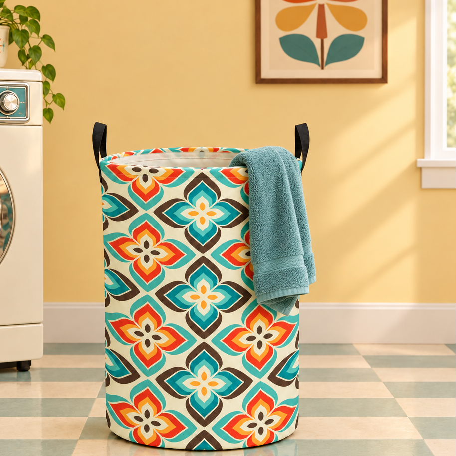laundry hamper with fun retro floral print and color palette of orange, teal, mustard, cream and brown sitting in a retro styled laundry room