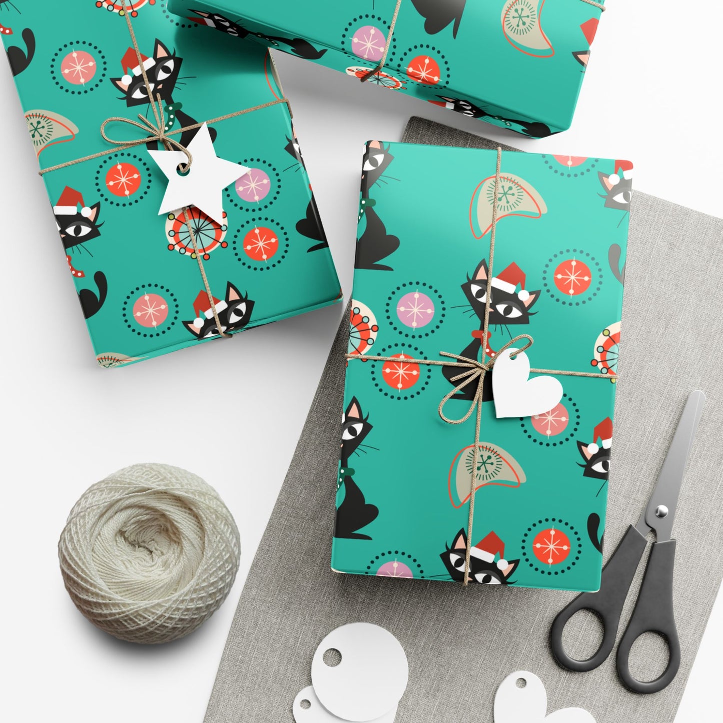 Retro 50's Atomic Cat Christmas Kitschy Mid Century Modern Teal Blue Eco-Friendly Wrapping Paper