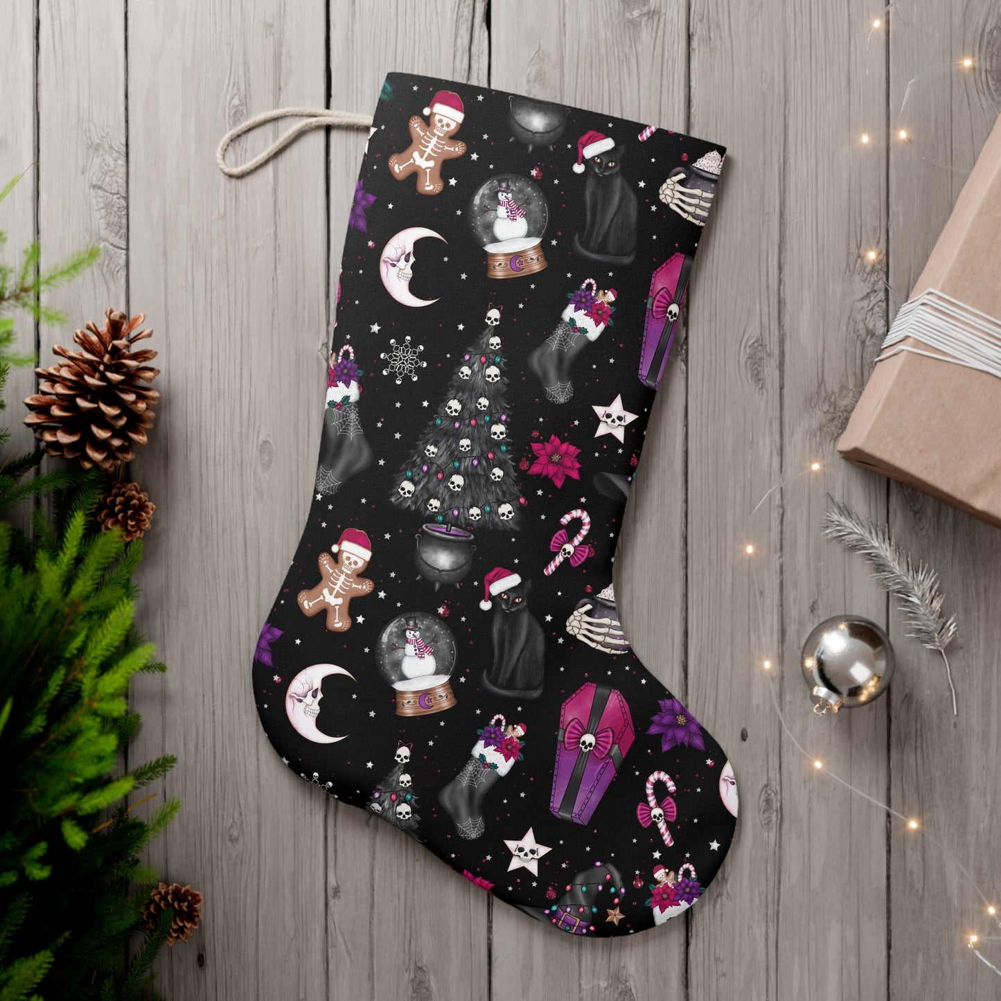 Goth Christmas Stocking, Kitschy Creepmas Black Whimsigoth Holiday Decor