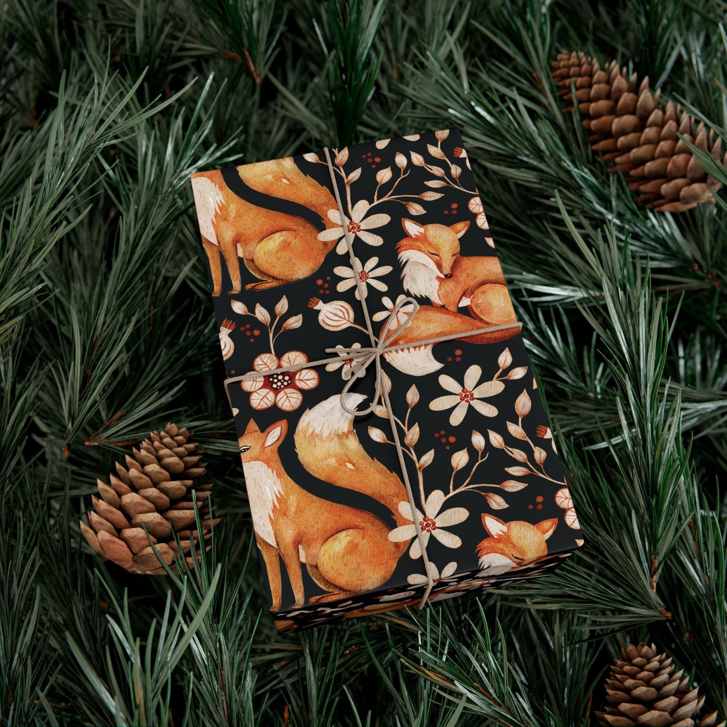 Enchanted Woodland Fox, Floral Dark Cottagecore Watercolor Style, Black Eco-Friendly Gift Wrap