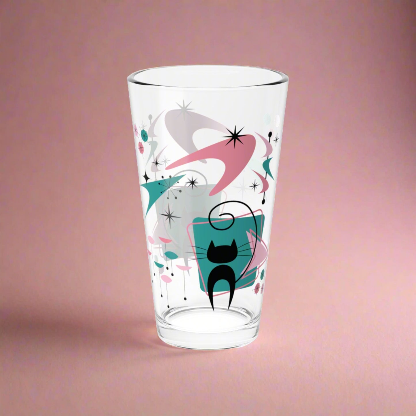 Retro 50s Atomic Black Cat, Boomerang & Starburst MCM Pink & Teal Green 16 oz Pint Glass