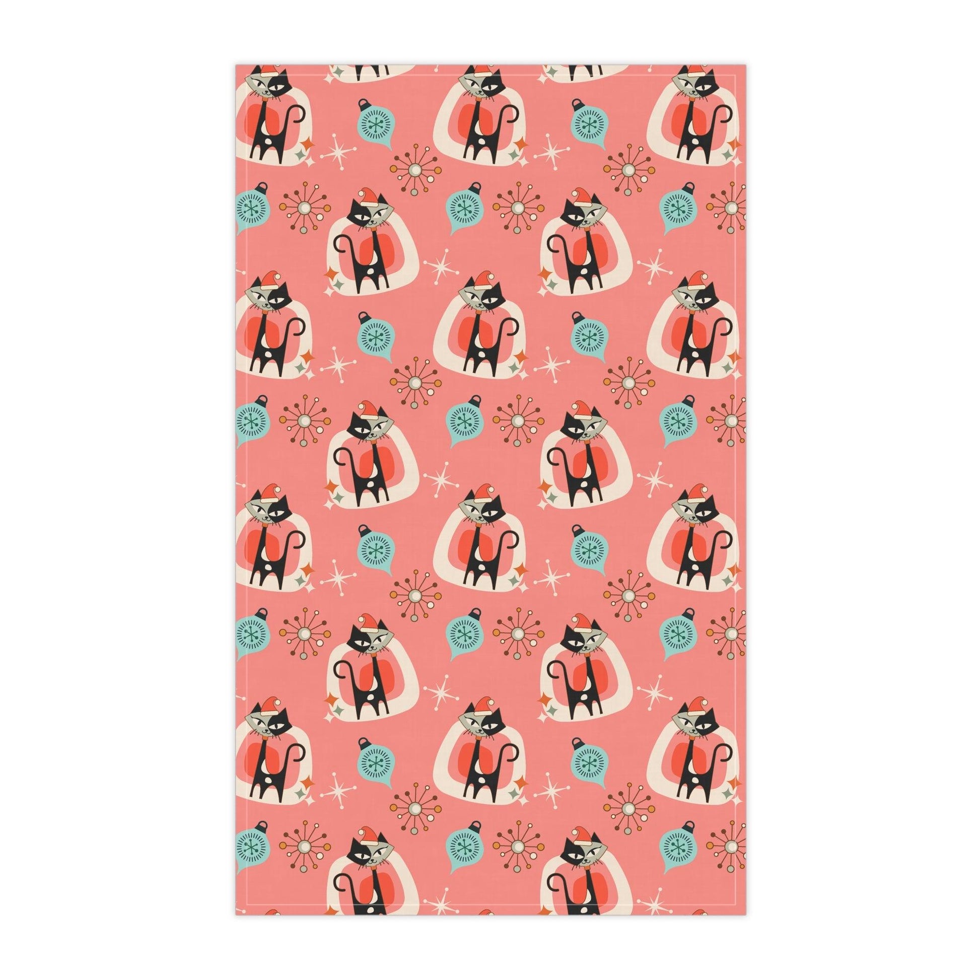 Retro 50s Atomic Cats Mid Century Modern Pink Coral Christmas Kitchen Tea Towel | lovevisionkarma.com