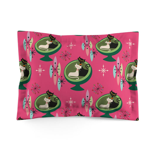 Retro 50s Atomic Cat Couple in Ball Chair Mid Century Mod Pink & Green Pillow Sham | lovevisionkarma.com