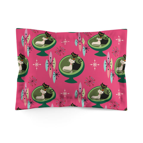 Retro 50s Atomic Cat Couple in Ball Chair Mid Century Mod Pink & Green Pillow Sham