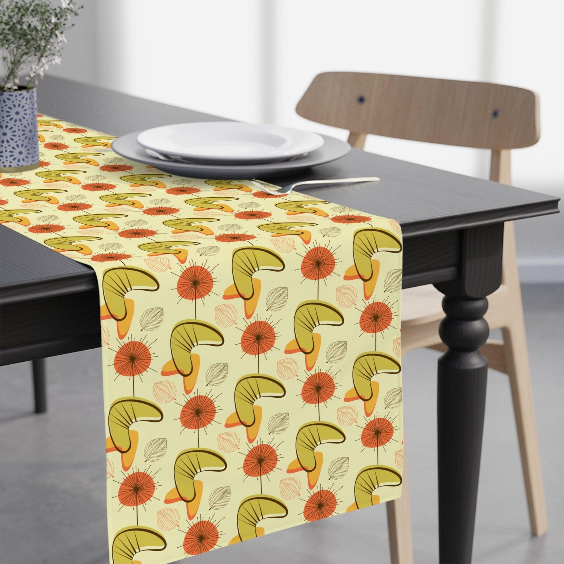 Retro Atomic Boomerangs & Leaves MCM Orange, Green & Yellow Table Runner | lovevisionkarma.com