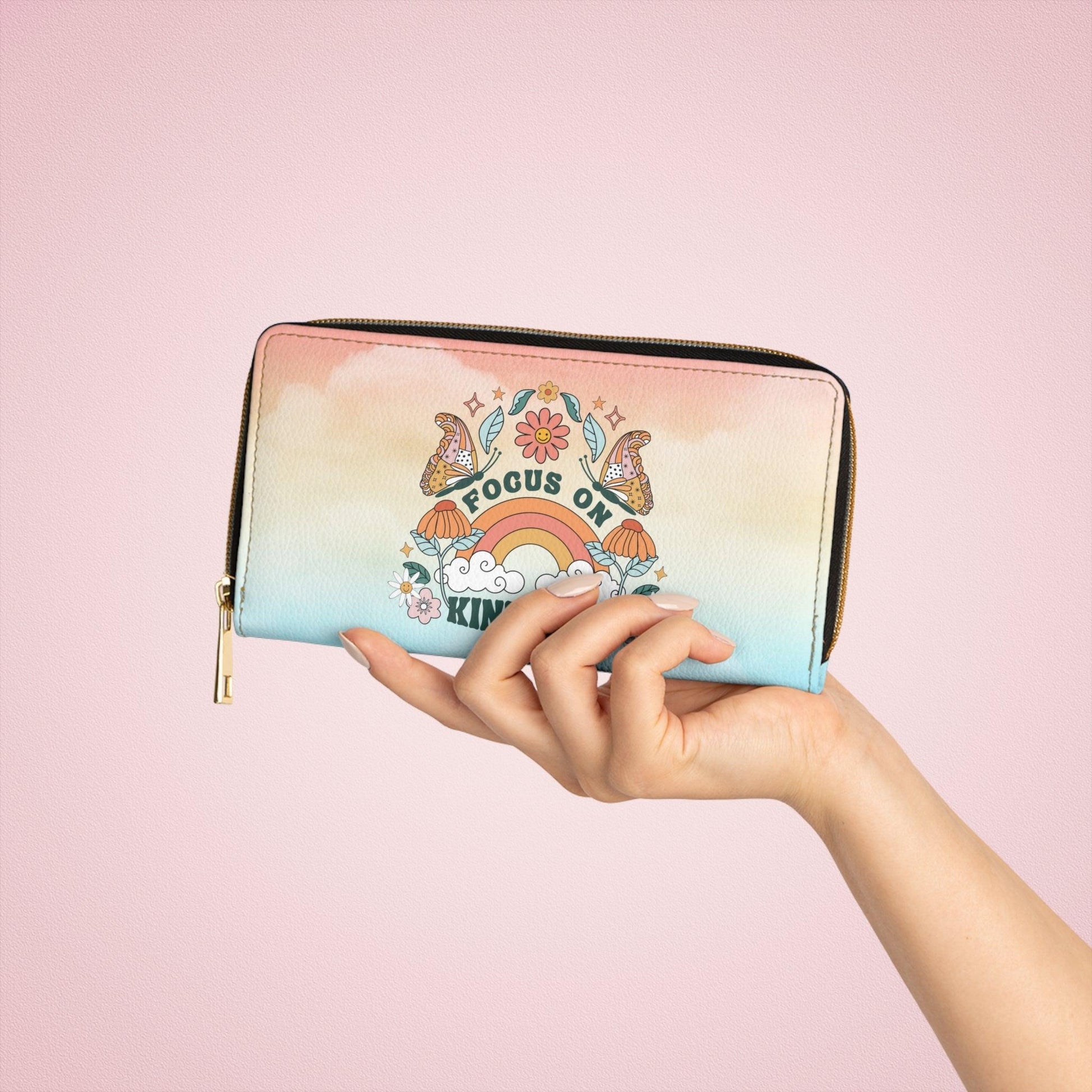 Retro Groovy Butterfly, Rainbow & Flower "Kindness" Ombre Zipper Wallet | lovevisionkarma.com