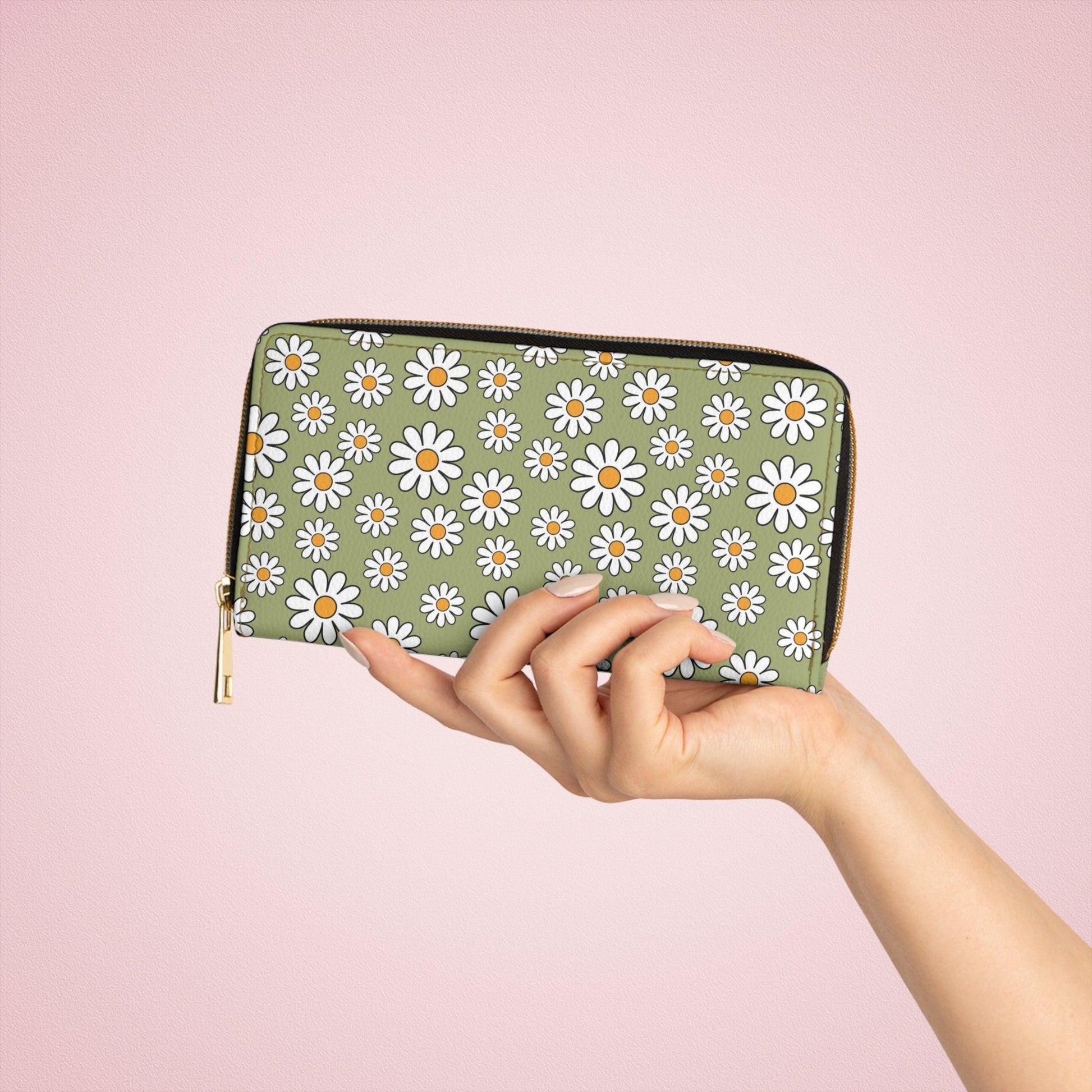 Boho Daisy Sage Green Zipper Wallet | lovevisionkarma.com