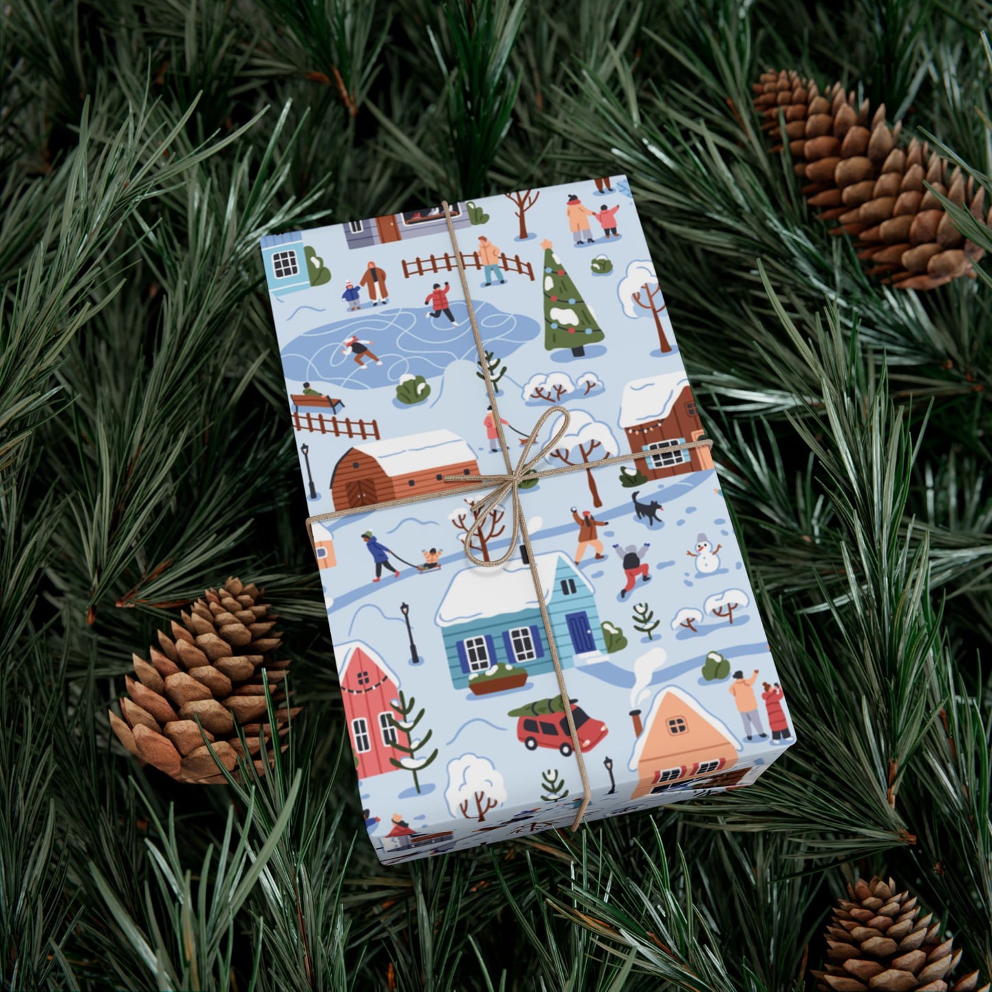 Small Town Christmas Village, Retro Vintage Winter Scene, Multicolor Eco-Friendly Gift Wrap