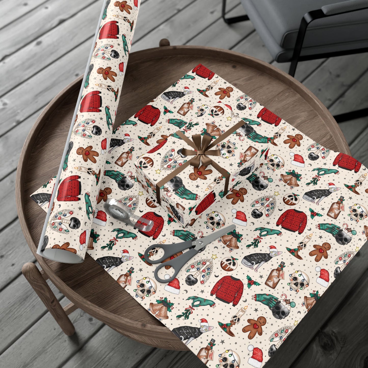 Goth Christmas Kitsch Skulls, Cats & Zombie Hands Multicolor Eco-Friendly Gift Wrap Paper