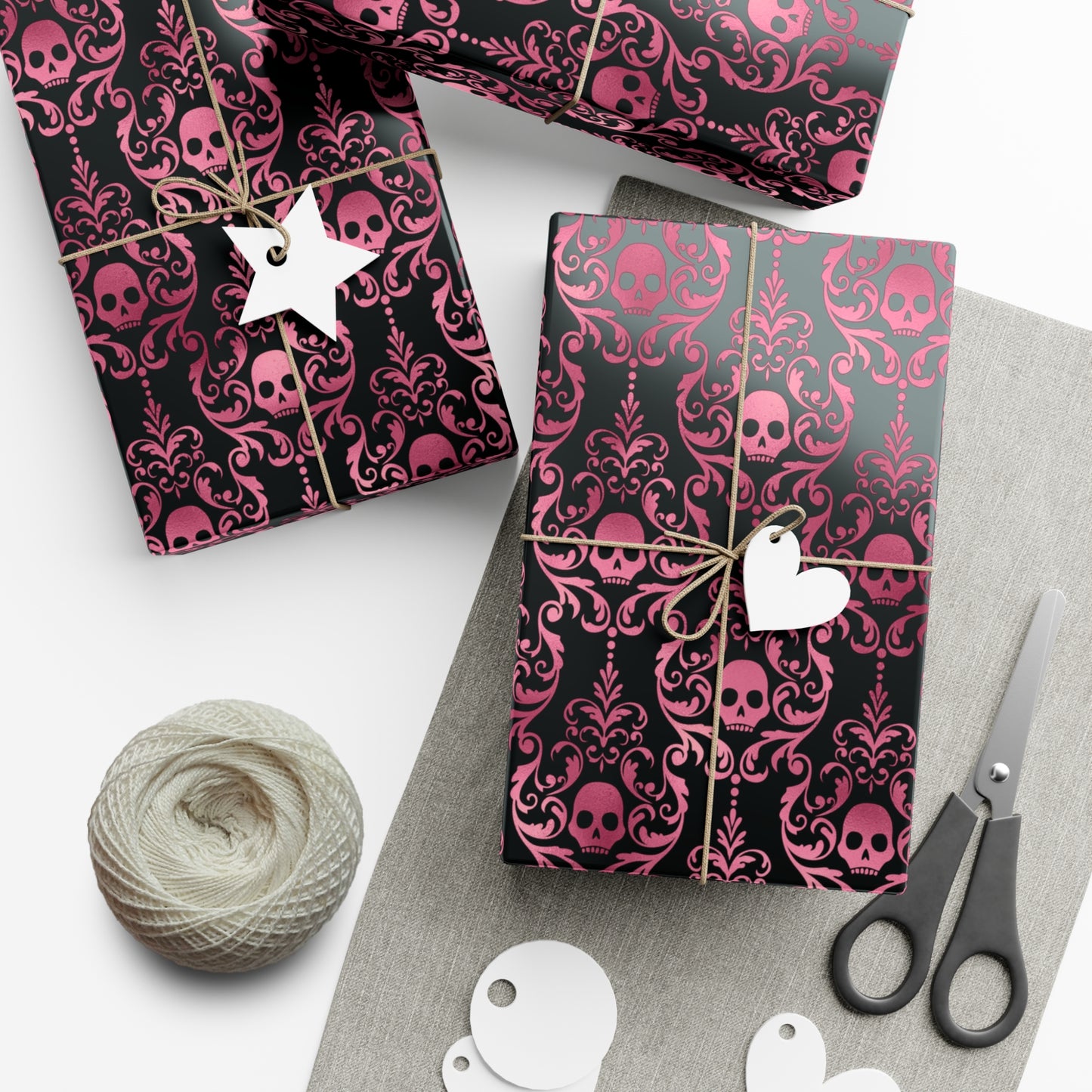 Pink Damask Skulls, Victorian Goth, Dark Academia, Goth Christmas & Creepmas Glam Black Eco-Friendly Gift Wrap Paper