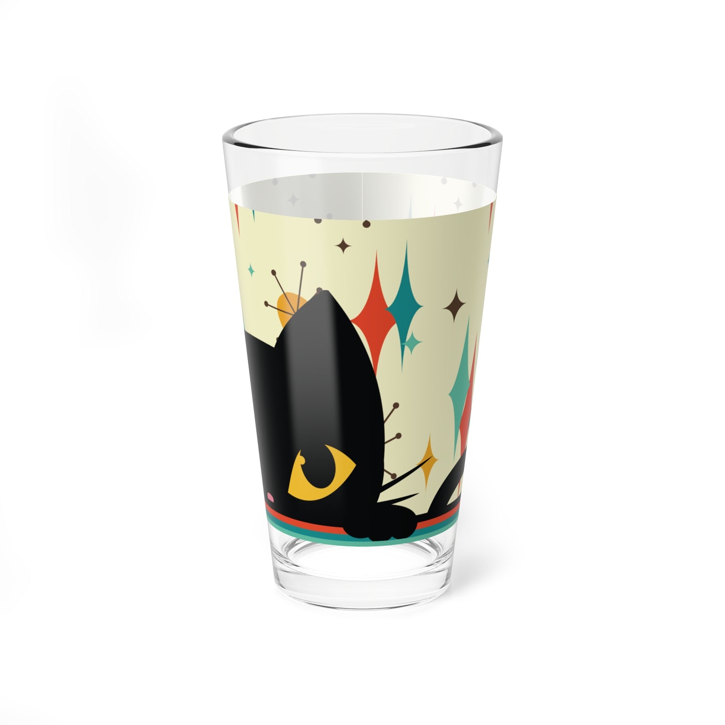 Retro 50s Atomic Black Cat, Diamonds and Bursts Mid Century Mod Multicolor Pint Glass