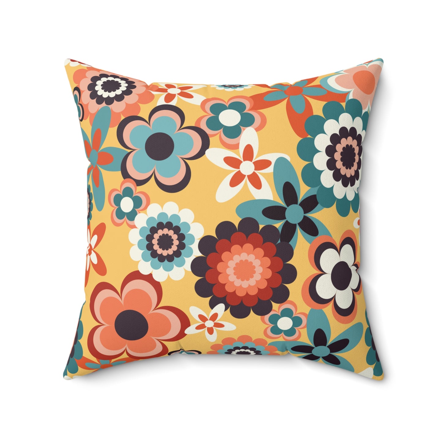 Retro 60s 70s Groovy Flowers Boho Mid Century Mod Yellow, Coral & Blue Throw Pillow