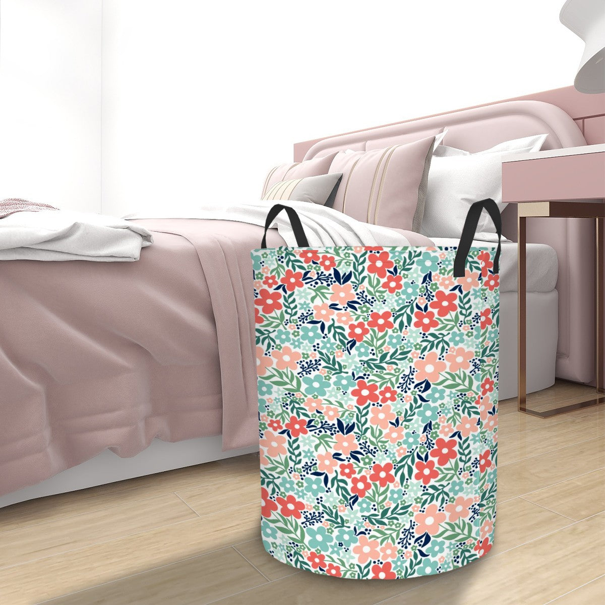 Retro Minimalist Scandi Flowers Cottagecore MCM Vintage Inspired, Coral & Teal Round Laundry Hamper
