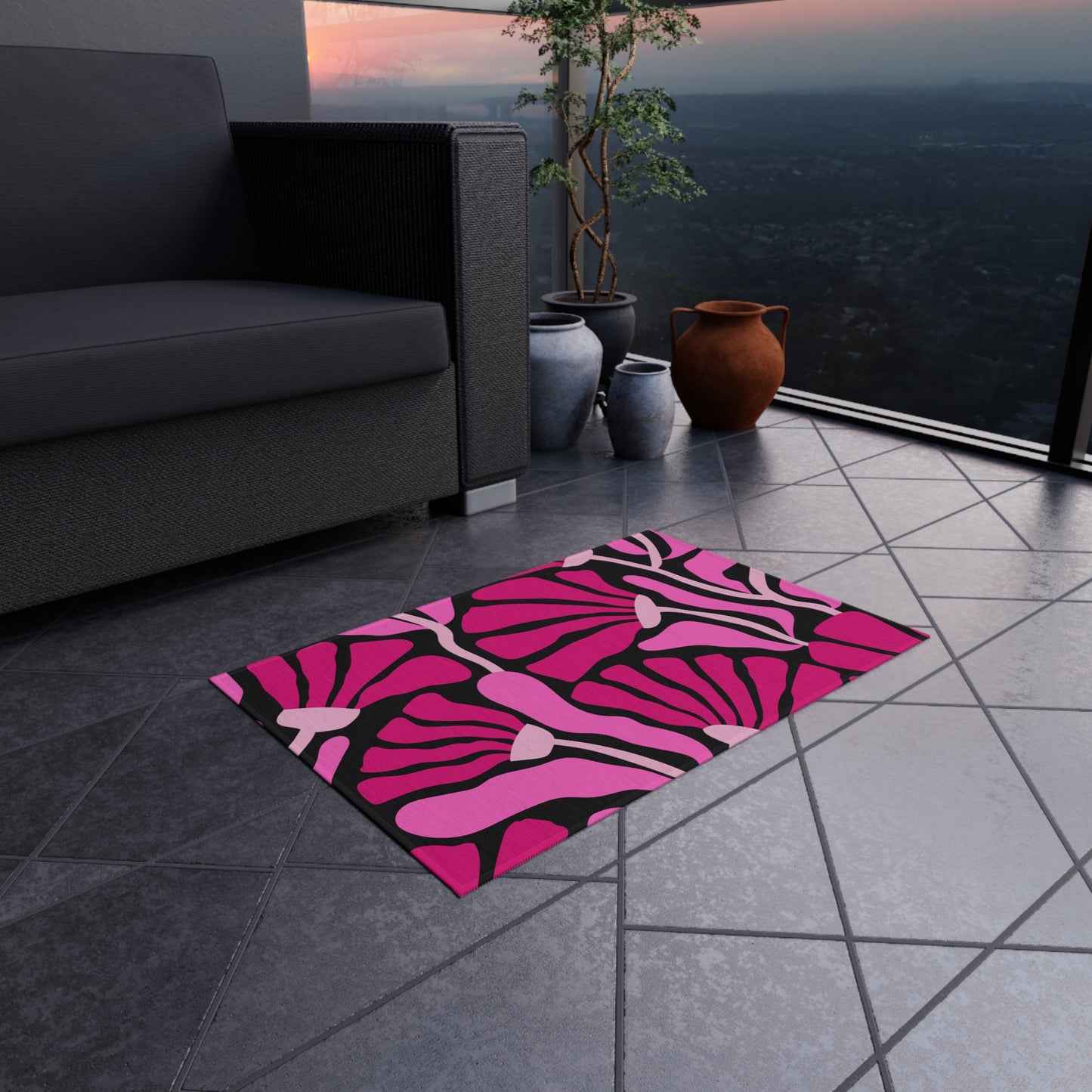 Groovy Abstract Pink Minimalist Retro Mod Flowers Indoor/Outdoor Accent Rug