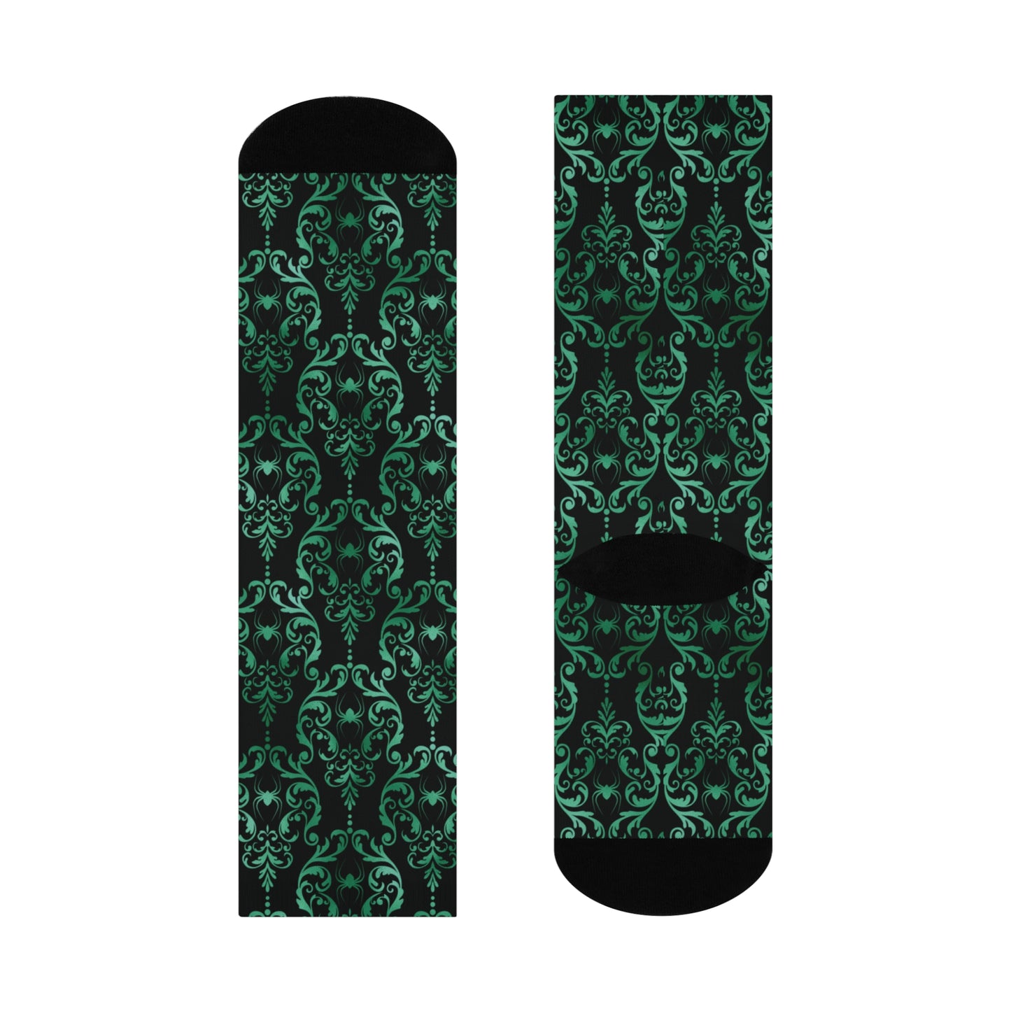 Dark Academia Damask Spider, Victorian Goth Inspired Green & Black Glam Goth Cushioned Crew Socks