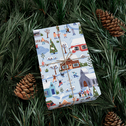 Small Town Christmas Village, Retro Vintage Winter Scene, Multicolor Eco-Friendly Gift Wrap