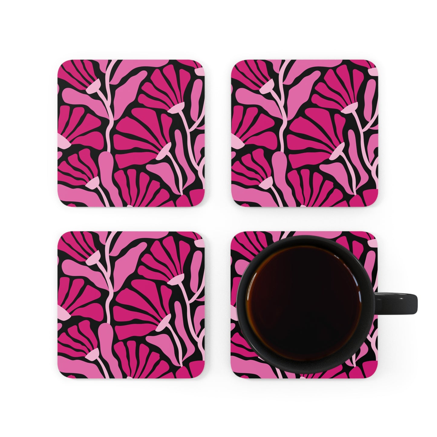 Groovy Mod Minimalist Flowers MCM Pink & Black Coaster Set