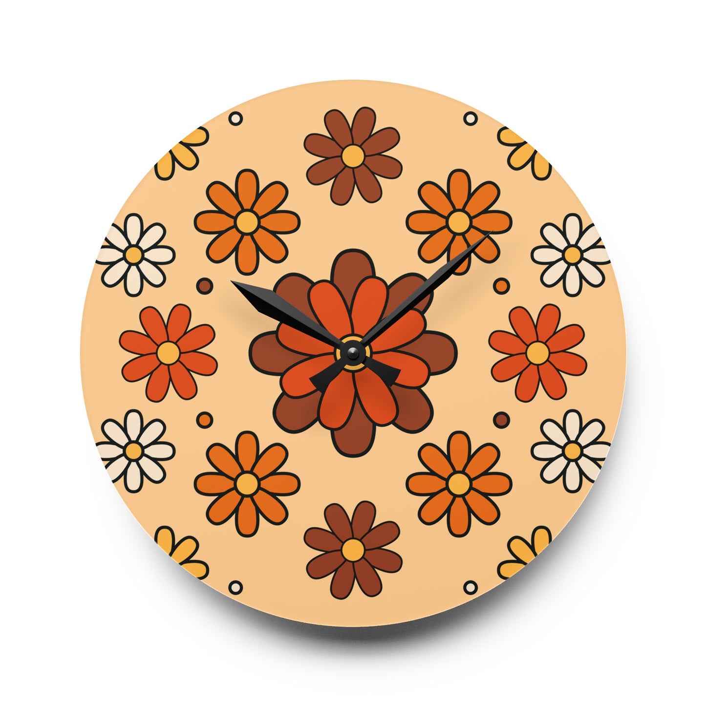 Retro 60s 70s Groovy Mod Daisy Floral Mid Century Orange & Brown Acrylic Wall Clock