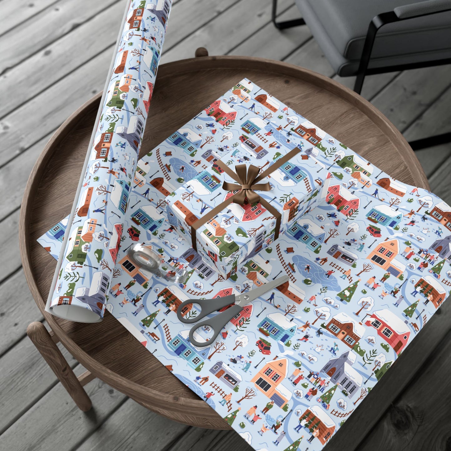 Small Town Christmas Village, Retro Vintage Winter Scene, Multicolor Eco-Friendly Gift Wrap
