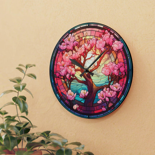 Cherry Blossom Tree, Sakura Stained Glass Inspired Multicolor Acrylic Wall Clock