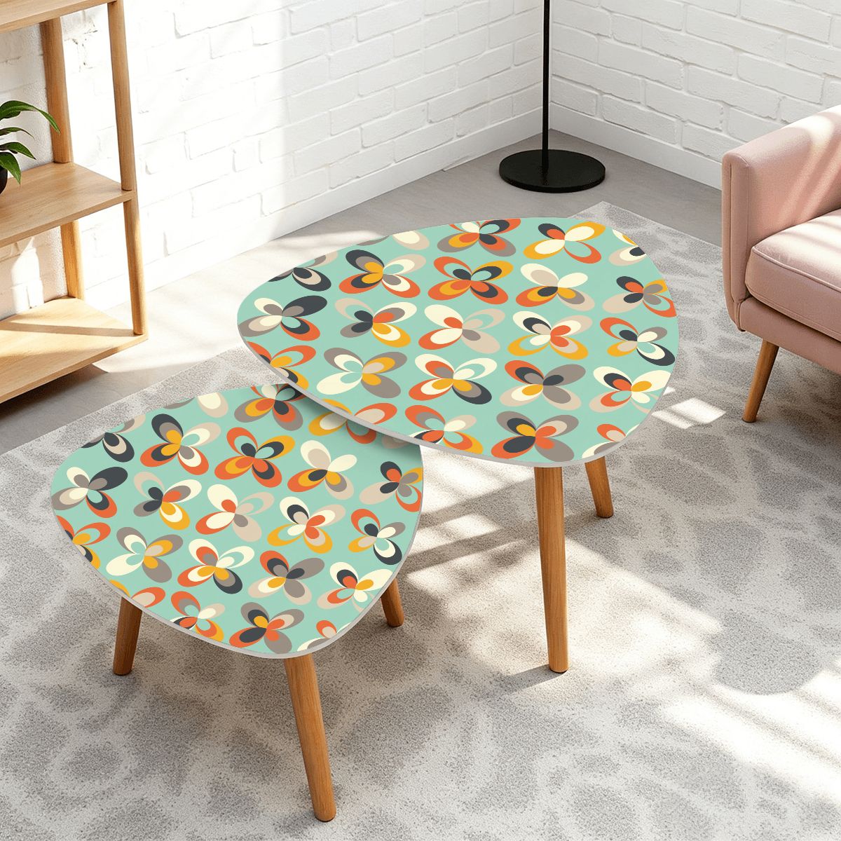 Retro Scandi MCM Danish Flowers Mint Green Nesting Accent Tables