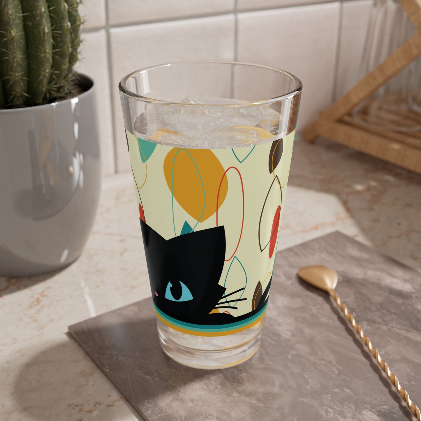 Retro 50s Atomic Black Cat Mid Century Modern Abstract Multicolor Pint Glass