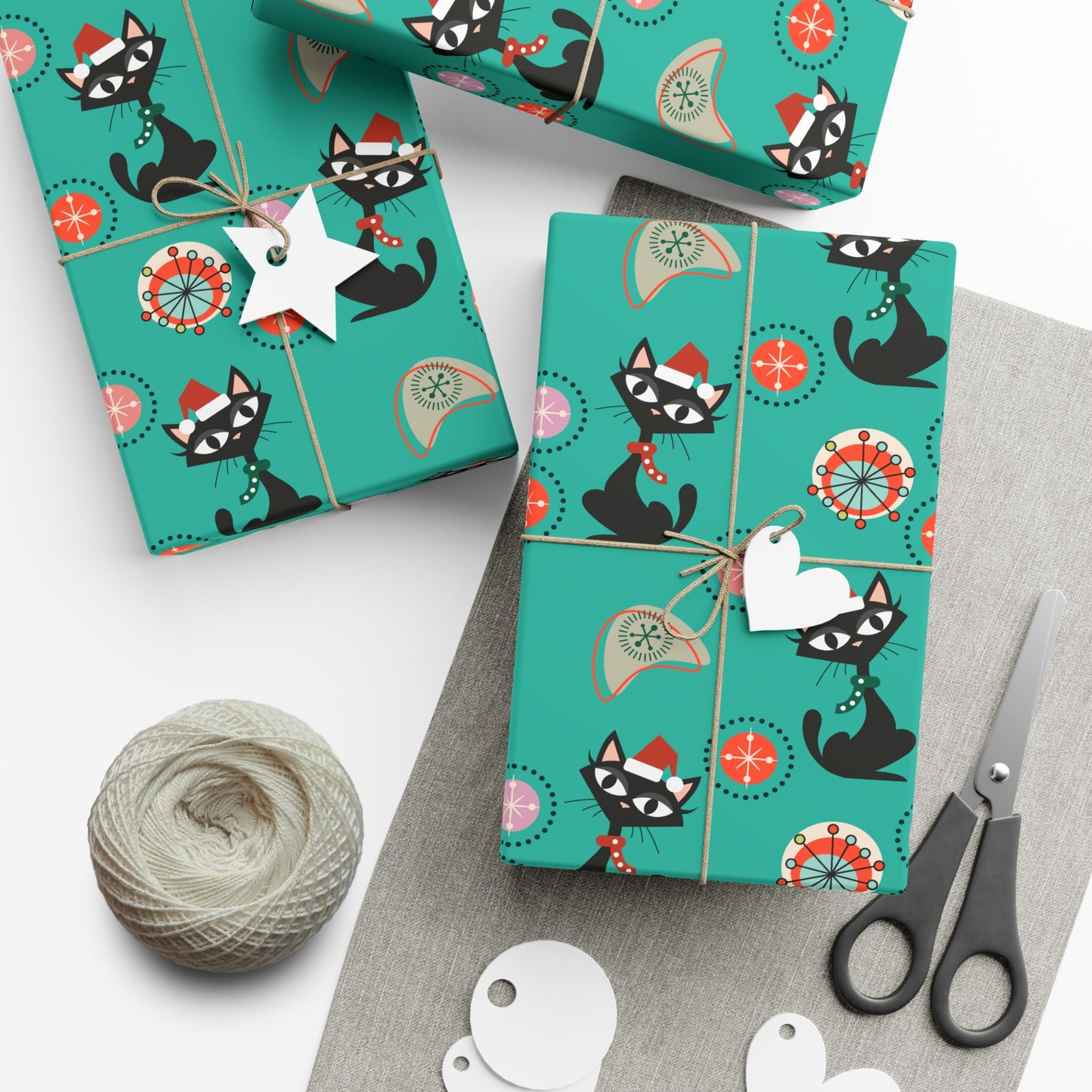 Retro 50's Atomic Cat Christmas Kitschy Mid Century Modern Teal Blue Eco-Friendly Wrapping Paper