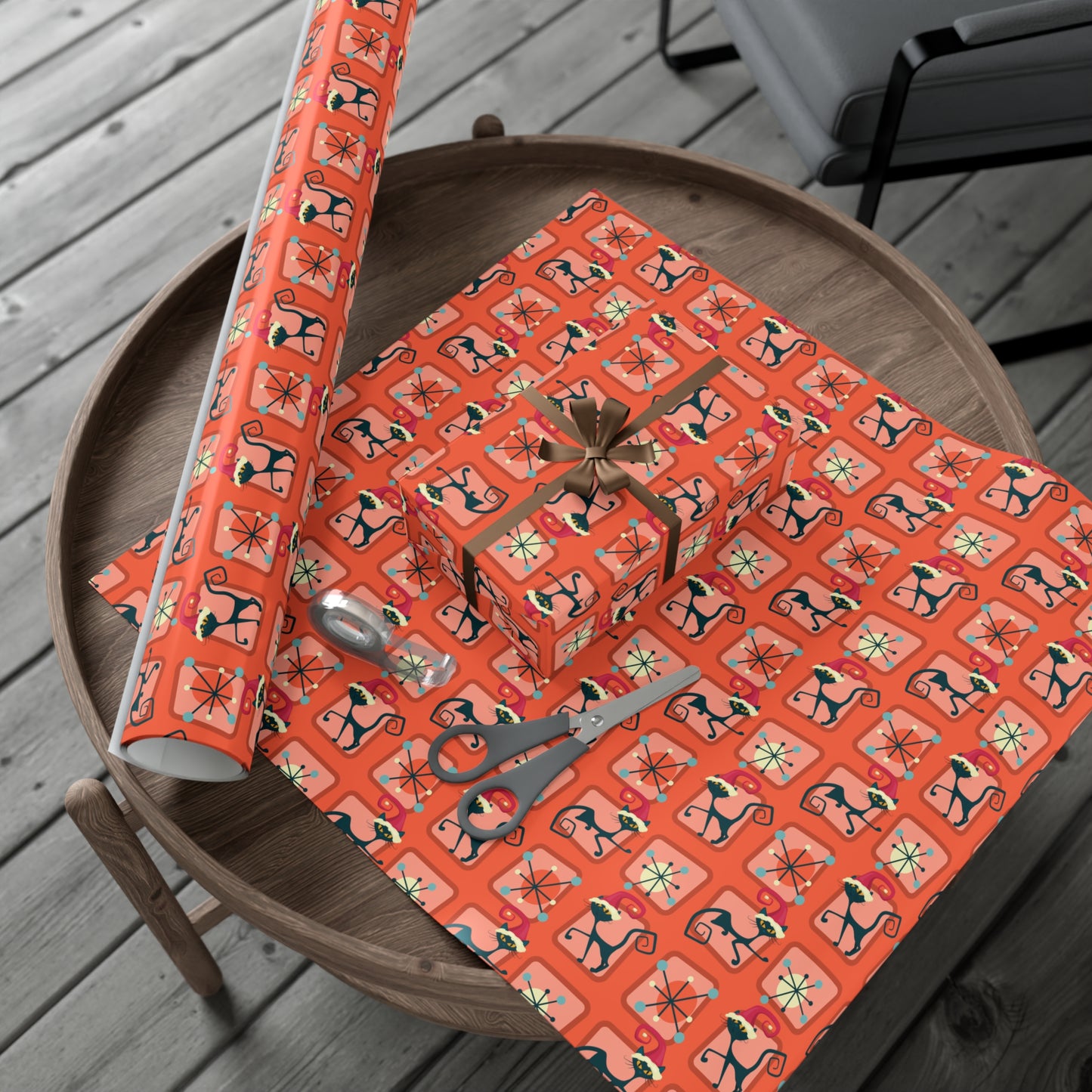 Retro 50's Atomic Cat Christmas Kitschy Mid Century Modern Red Eco-Friendly Wrapping Paper