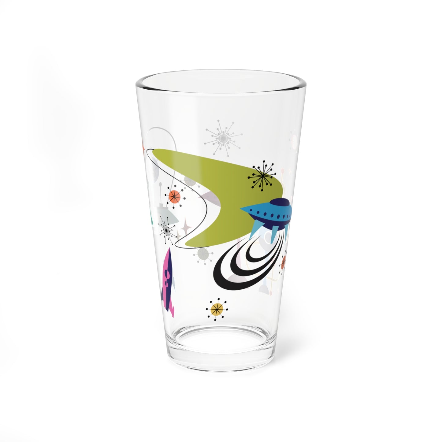 Retro 50s Space Age Atomic Black Cat, Boomerang & Spaceship MCM Multicolor Pint Glass