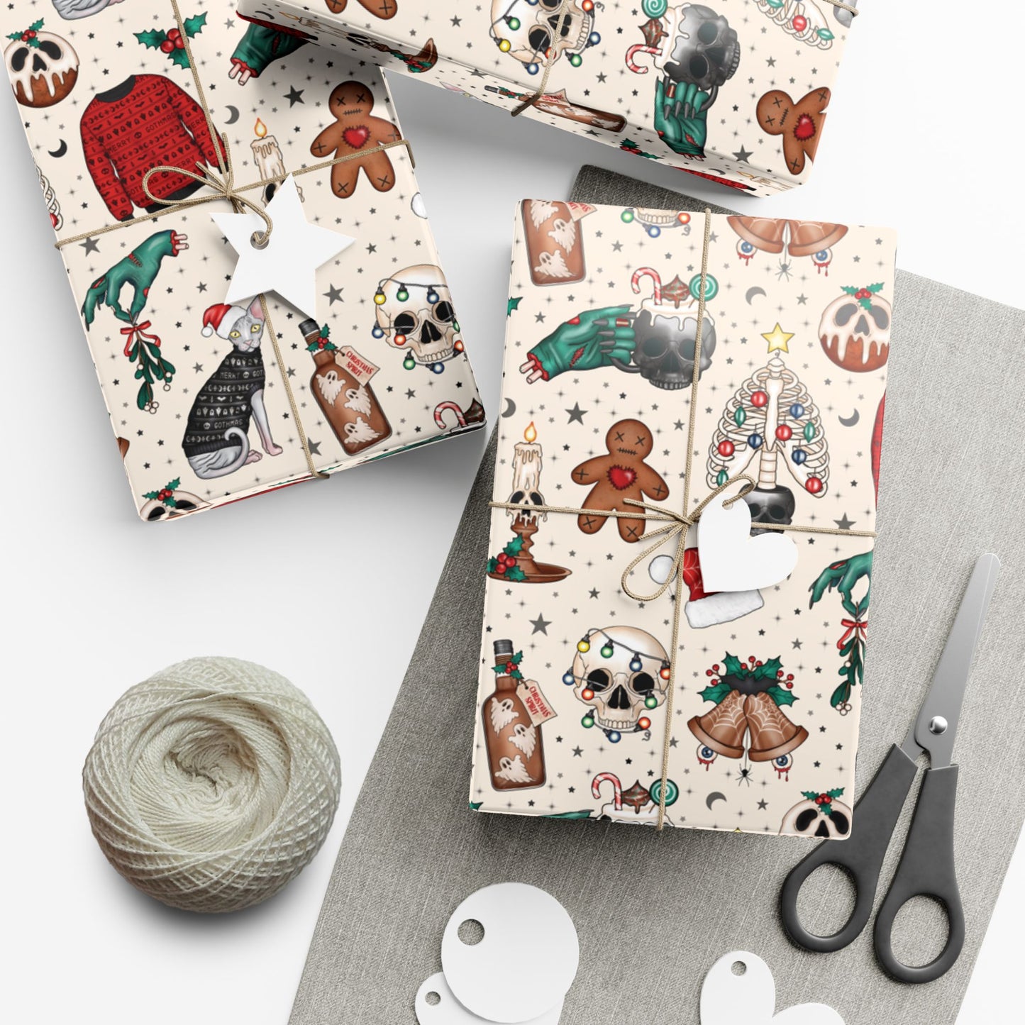 Goth Christmas Kitsch Skulls, Cats & Zombie Hands Multicolor Eco-Friendly Gift Wrap Paper