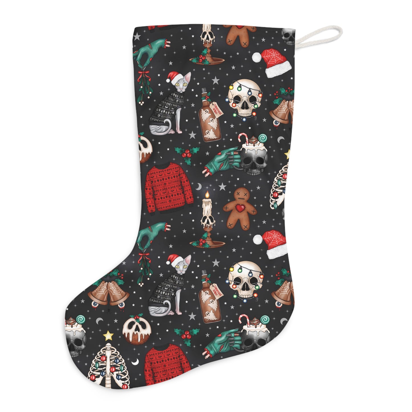 Kitschy Kawaii Goth Christmas, Creepy Cute Whimsigoth Black Creepmas Holiday Stocking