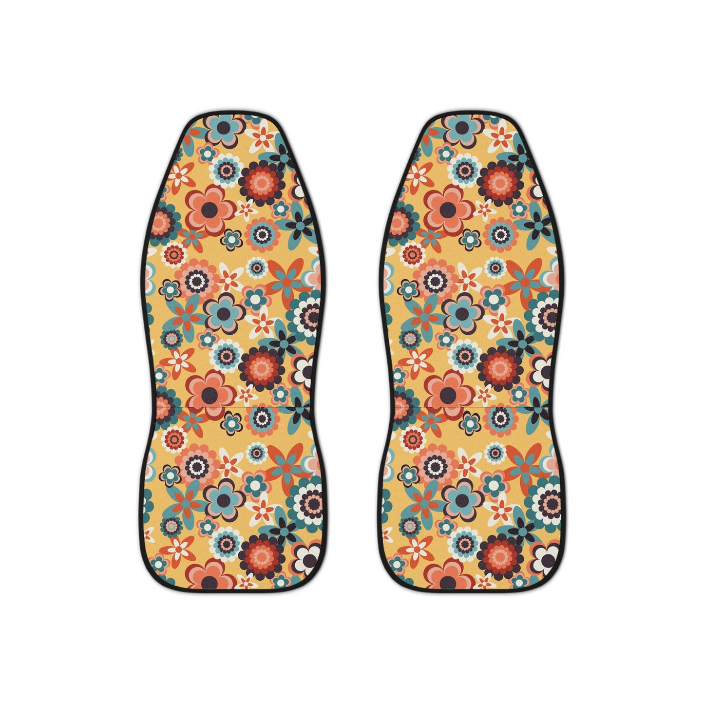 Retro 60s 70s Groovy Flowers Boho Mid Century Mod Yellow, Coral & Blue Car Seat Covers