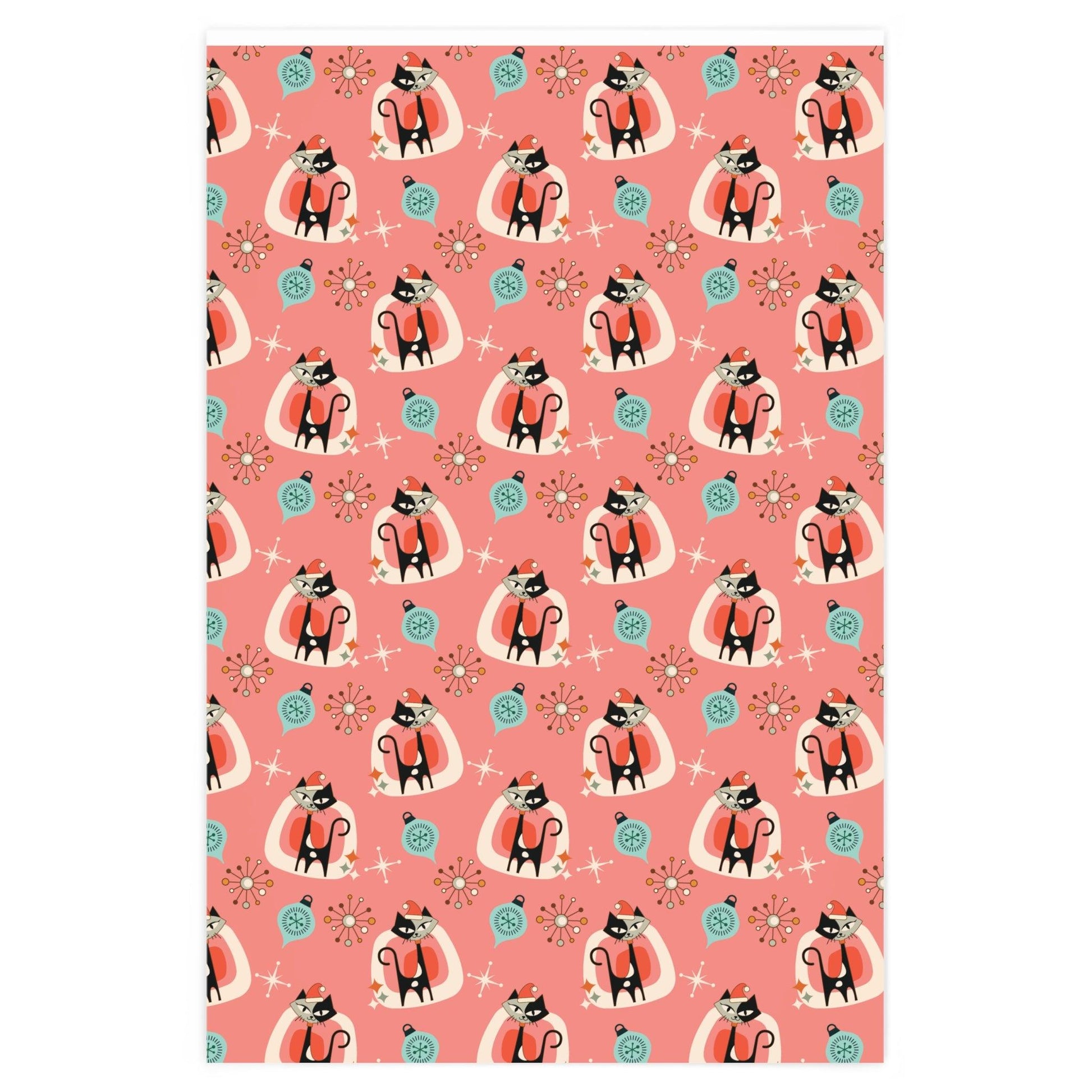 Retro Atomic Cats Mid Century Mod 1950s Christmas Pink Coral Wrapping Paper | lovevisionkarma.com